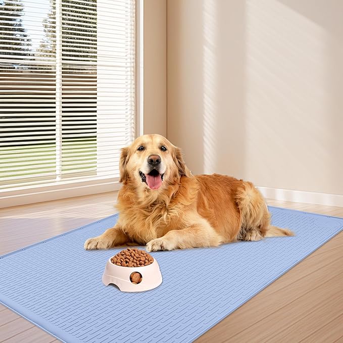 Dog Food Mat, Extra Large 34" x 22" Silicone Pet Feeding Mat with Raised Edge Pet Placemat for Small, Medium, and Large Pets Non-Slip, Easy to Clean (Blue)