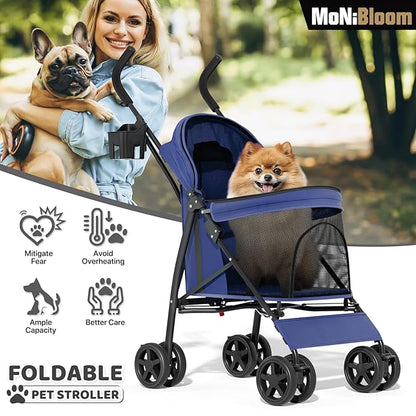 MoNiBloom 4 Wheels Pet Stroller, Easy-Fold Puppy Cage Jogger Stroller with Sun Cover, Pad and Rear Storage Bag, Breathable and Visible Mesh for Small/Medium Pets up to 22 lbs, Navy Blue