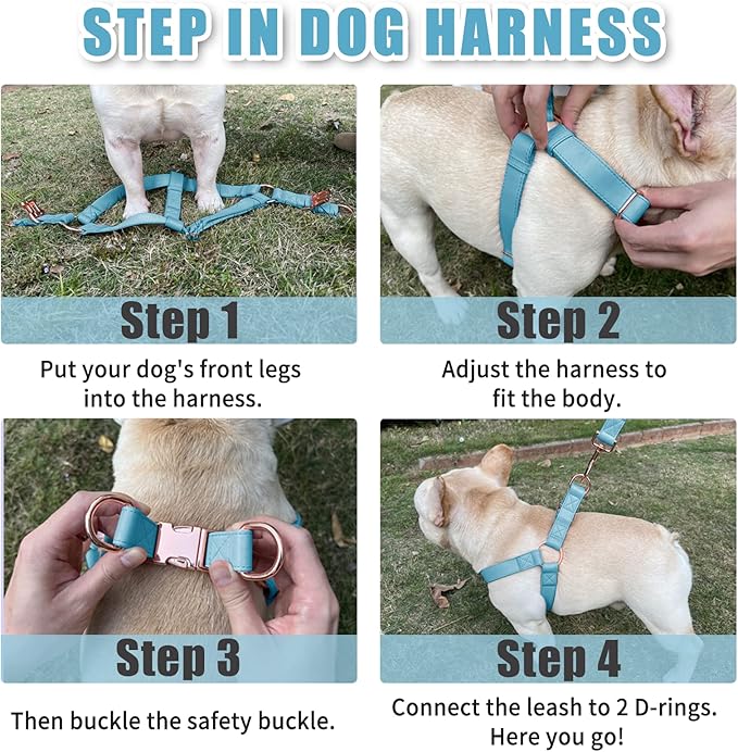 Soft Leather No Pull Dog Harness - Adjustable Step In Dog Harness with Rose Gold Heavy Duty Metal Buckle, Freedom Nylon Dog Halter Vests for Small Medium Large Dogs Easy Walking Training M, Light Blue