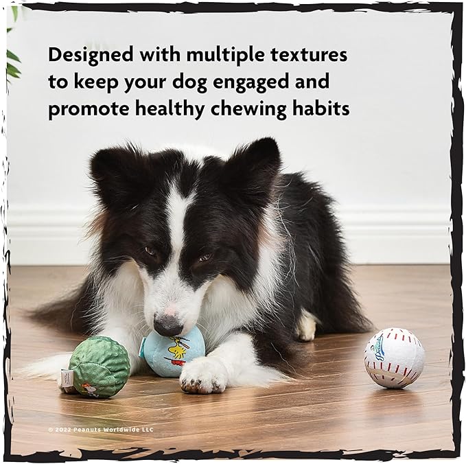 Peanuts for Pets Snoopy The Athlete Multi-Material Dog Ball Toy, 3-Pack - Squeaky, Interactive Dog Toys with Multiple Textures, Perfect for Fetch and Chew - Featuring Snoopy and Woodstock Designs