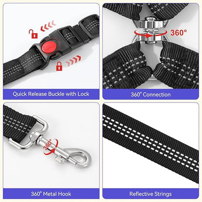 Pawaboo Dog Seat Belt for Car, Double Dogs Car Seatbelt Adjustable, 360° No Tangle Dogs Vehicle Safety Leash with Elastic Bungee Buffer, Reflective Y Shape Two Dog Cars Harness for Pets Cars Travel