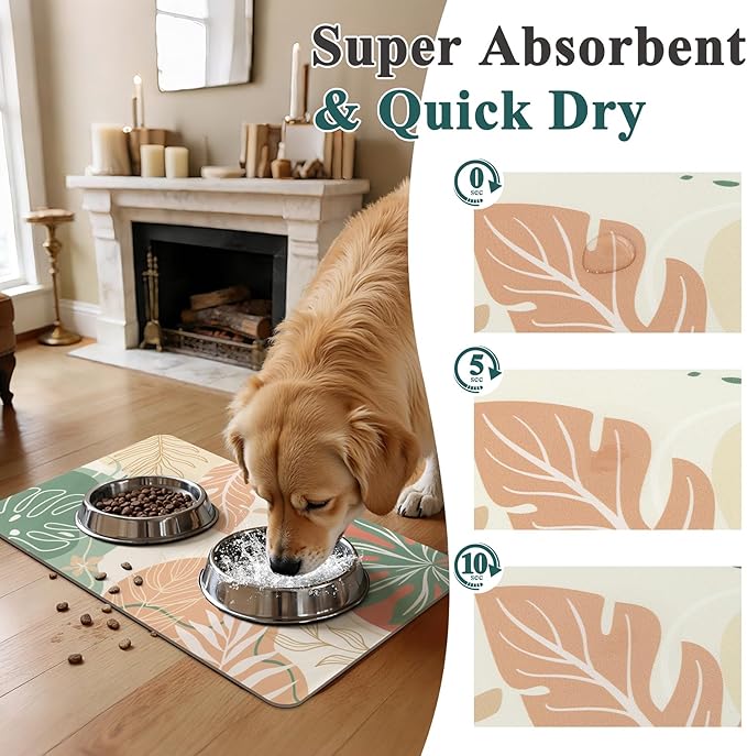 Topotdor Boho Dog Food Mat - Absorbent Quick-Dry Cat Bowl Mat for Food and Water, Non-Slip Pet Feeding Placemat for Messy Drinkers Dog Accessories Pet Supplies, 12"x20", Red