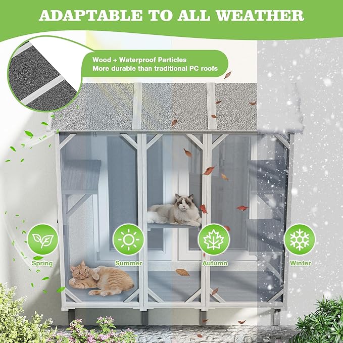 Large Catio Cat Window Box, Outdoor Cats Window Perchfor Indoor Cats with 4 Jump Platforms & 4 Doors, Comfortable Wooden Pet Perch House, Ultra-Fine Mesh Insect-Proof Screens, All-Weather Use