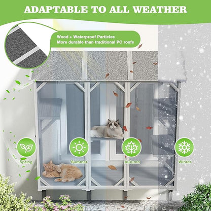 Large Catio Cat Window Box, Outdoor Cats Window Perchfor Indoor Cats with 4 Jump Platforms & 4 Doors, Comfortable Wooden Pet Perch House, Ultra-Fine Mesh Insect-Proof Screens, All-Weather Use