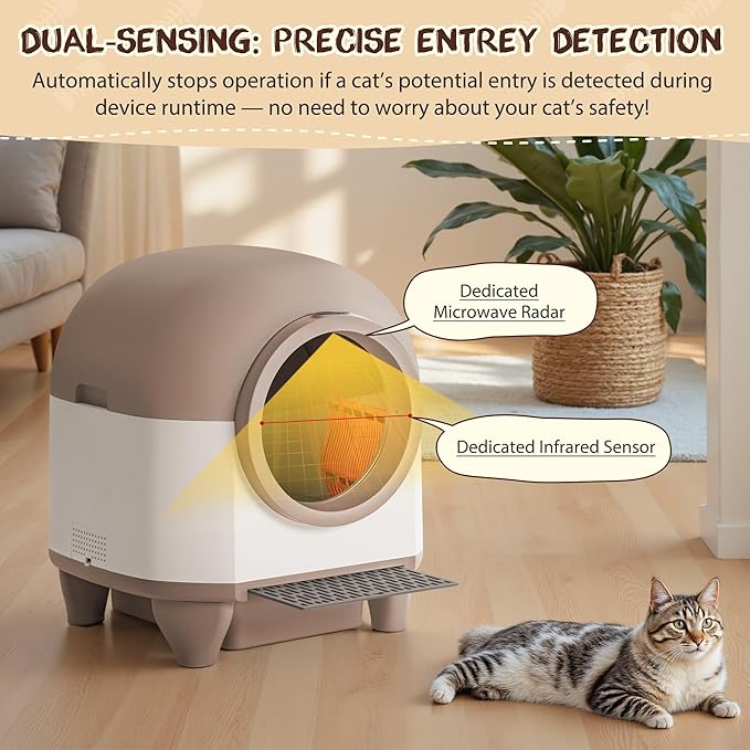 GUNJI Automatic Self-Cleaning Litter Box, 90L Large Capacity for Multiple Cats - APP Controlled with Safety Protection, Included Litter Mat & 1 Roll Garbage Bags (Brown)