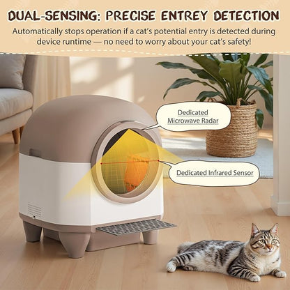 GUNJI Automatic Self-Cleaning Litter Box, 90L Large Capacity for Multiple Cats - APP Controlled with Safety Protection, Included Litter Mat & 1 Roll Garbage Bags (Brown)