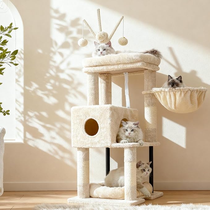 Heybly Cat Tree, 45.3-Inch Cat Tower for Indoor Cats with Large Perch, All-in-One Cat Furniture with Cozy Bed, Hidden Space Cat Condo, Comfy Hammock, Scratching Posts & 3 Pompoms, Beige HCT202SM