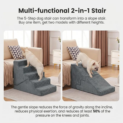 Dog Stairs for Small Dogs 22" H, 2-in-1 Transformable 5-Step Pet Stairs and Ramp, Dog Steps for Bed with Non-Slip Bottom and Washable Cover(Gray)