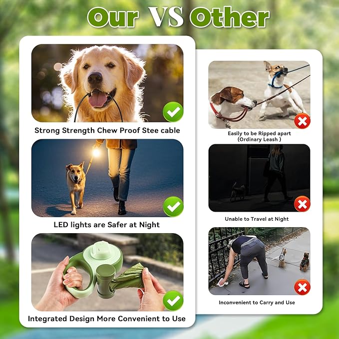 26ft Heavy Duty Retractable Dog Leash for Large Dogs, Dog Leash with Poop Bag Holder, Up to 100lbs, with LED Light, Chew Proof Cable, One-Handed Pause & Lock, 360° No Tangle. (Green, 26Ft)