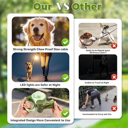 26ft Heavy Duty Retractable Dog Leash for Large Dogs, Dog Leash with Poop Bag Holder, Up to 100lbs, with LED Light, Chew Proof Cable, One-Handed Pause & Lock, 360° No Tangle. (Green, 26Ft)