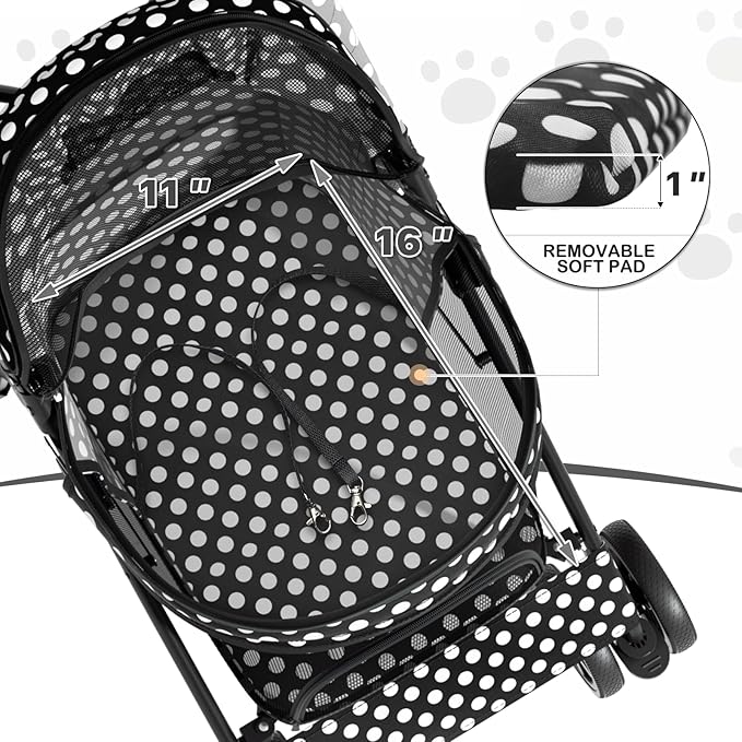 MoNiBloom 4 Wheels Pet Stroller, Easy-Fold Umbrella Shaped Dog Cat Jogger Stroller w/Storage Bag & Visible Mesh for Small/Medium Dogs Cats Black Polka Dots