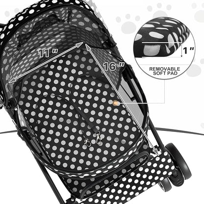 MoNiBloom 4 Wheels Pet Stroller, Easy-Fold Umbrella Shaped Dog Cat Jogger Stroller w/Storage Bag & Visible Mesh for Small/Medium Dogs Cats Black Polka Dots