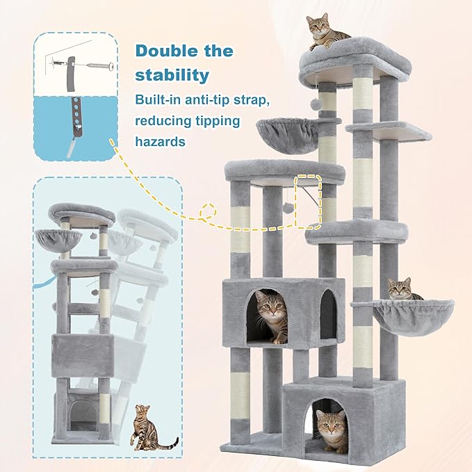 Hey-brother Cat Tree, 67.3 Inches Tower with 3 Soft Platform Beds, 2 Large Condos, 9 Sisal Scratching Posts, 2 Hammocks and Toys, Multi-Level Step House for Multiple Indoor Kittens, Light Gray MPJ084W