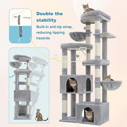 Hey-brother Cat Tree, 67.3 Inches Tower with 3 Soft Platform Beds, 2 Large Condos, 9 Sisal Scratching Posts, 2 Hammocks and Toys, Multi-Level Step House for Multiple Indoor Kittens, Light Gray MPJ084W