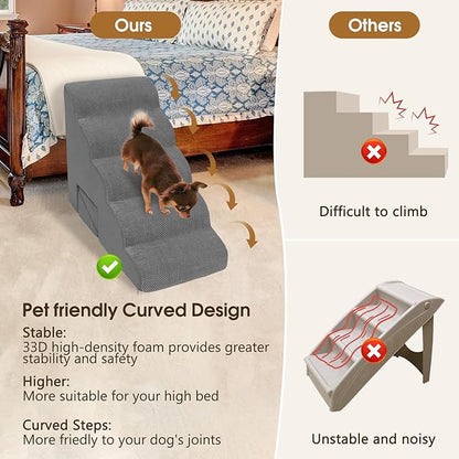 Dog Stairs for High Beds 20-24 inches Tall, 5-Step Dog Steps for Bed for Small Dogs, Doggie Ramp for Bed, 30D Foam Pet Stairs for Old Dogs/Cats for Bedsides Climbing, Free-Installation, Grey