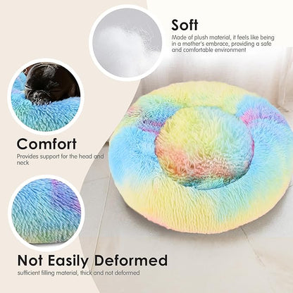Hoewina Dog & Cat Bed, 20in Cat Beds for Indoor Cats, Calming Donut Bed for Puppy and Kitten, Washable Round Fluffy Pet Bed for Small Medium Dogs and Cats (Rainbow)