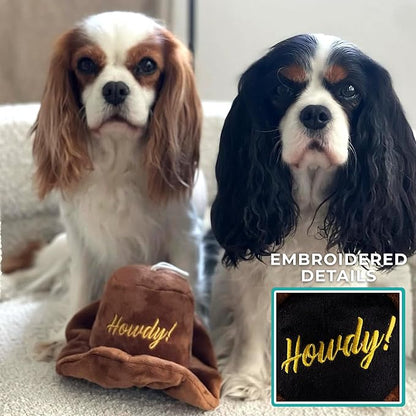 Haute Diggity Dog Cowboy Hat Plush Dog Toy for Medium & Large Dogs, Western-Inspired Stuffed Dog Toys with Interactive Squeaker, Mesh Lining, Machine-Washable, Durable & Safe, One Size, Brown