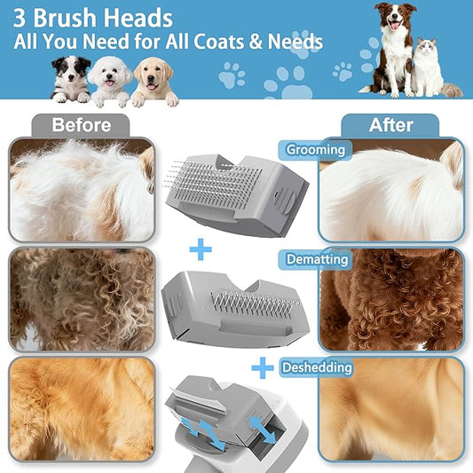 Pet Steam Brush for Dogs & Cats,5-in-1 Self-Cleaning Dog Steam Brush with 3 Swap-in Heads (Grooming, Dematting, Deshedding),Cat Spray Hair Removal Comb,Includes Pet Essence & Storage Bag