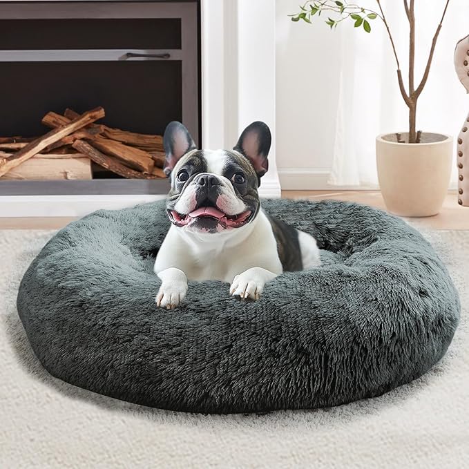 JOLLYVOGUE Calming Dog Beds Large Sized Dog, 36in Donut Washable Large Pet Bed, Anti-Slip & Anti-Anxiety Fluffy Faux Fur Round Dogs Bed, Fits up to 80 lbs Pets (Navy Grey)