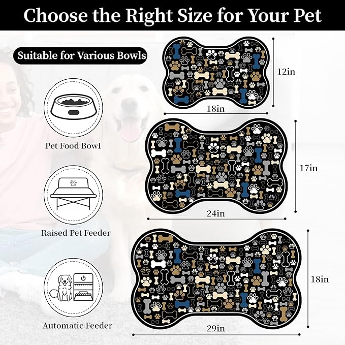 Dog & Cat Food Mat Bone Shaped Pet Feeding Mat Quick Absorb Water Bowl Placemat with Rubber Backing Indoor Floor Stain Resistant Pet Accessory Supplies (Black, 12x18 Inches)