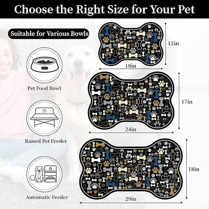Dog & Cat Food Mat Bone Shaped Pet Feeding Mat Quick Absorb Water Bowl Placemat with Rubber Backing Indoor Floor Stain Resistant Pet Accessory Supplies (Black, 12x18 Inches)
