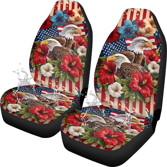 Car Seat Covers Waterproof Hibiscus Eagle Patriot Car Seat Cover for Front Seat Set of 2 Washable Cover Anti-Slip Back Fabric Easy to Install Universal Fit Most Cars