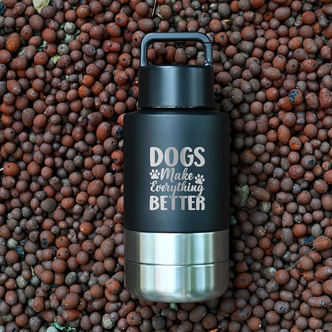 KEWIXY Insulated Dog Travel Water Bottle With Detachable Bowls, Ideal Gifts for Dog Lovers, Portable Water Bottle Dispenser, For Walking, Hiking, Camping, Outdoor (Black:Dogs Better, 32 Oz)
