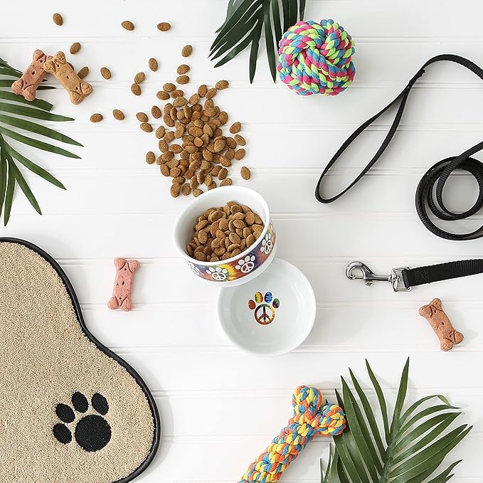Bone Dry Ceramic Food Bowls, Non-Slip & Dishwasher Safe, Small Set, 4.25x2, Peace Paw, 2 Count