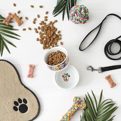 Bone Dry Ceramic Food Bowls, Non-Slip & Dishwasher Safe, Small Set, 4.25x2, Peace Paw, 2 Count