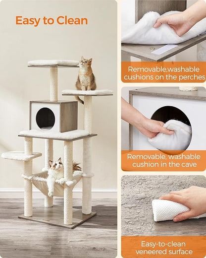 Feandrea Cat Tree, 56.3-Inch Modern Cat Tower, Multi-Level Plush Condo with Scratching Posts, Hammock, Washable Cushion, Heather Greige UPCT164G01