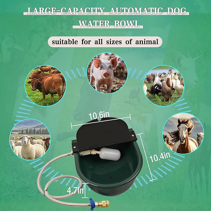 Automatic Dog Water Dispenser with Drain Valve, 1 Gallon Outdoor Auto Water Dog Bowl with Float Valve, Automatic Chicken Waterer with Hose Quick Connector, for Horse, Poultry (Green)