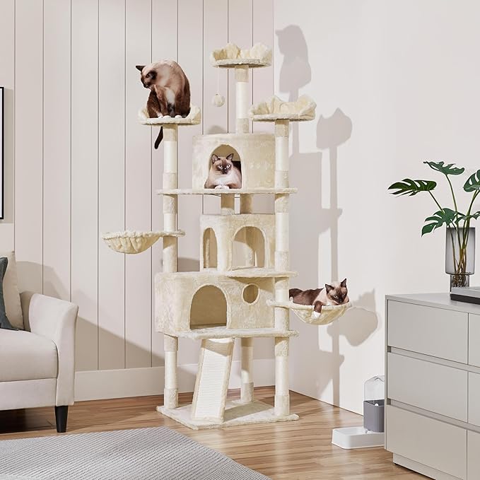 Yaheetech 76.5in Multi-Level Large Cat Tree, Big Cat Tower with 3 Condos, Cozy Plush Perches, 9 Sisal Scratching Posts and Ladder, Activity Center for Large Kitties, Beige