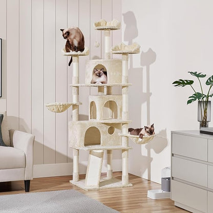 Yaheetech 76.5in Multi-Level Large Cat Tree, Big Cat Tower with 3 Condos, Cozy Plush Perches, 9 Sisal Scratching Posts and Ladder, Activity Center for Large Kitties, Beige