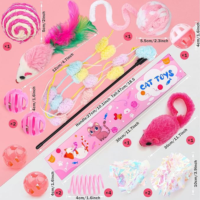 16Pcs Cat Toy Set Pink Kitten Toys Pack Including Feather Teaser Interactive Wand Cat Springs Mice Crinkle Balls and Pet Bell Balls Toys for Bored Indoor Cats, Gift Box Styles (Pink)