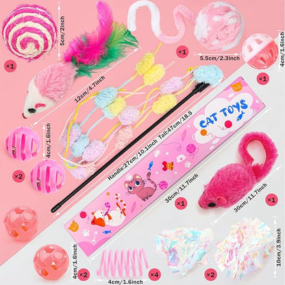16Pcs Cat Toy Set Pink Kitten Toys Pack Including Feather Teaser Interactive Wand Cat Springs Mice Crinkle Balls and Pet Bell Balls Toys for Bored Indoor Cats, Gift Box Styles (Pink)