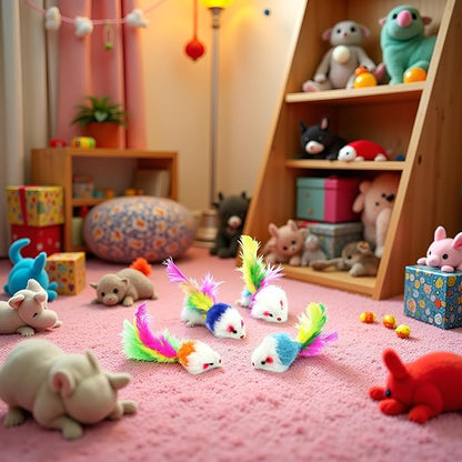 10 Pcs Colorful Soft Fleece False Mouse Cat Toys Colorful Feather Funny Playing Mice Toy Xmas Gifts