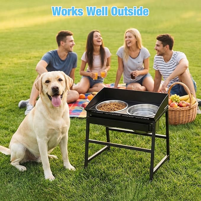 Bobbie & Laxi Elevated Dog Bowls for Large Dogs, 15-inch Tall Raised Dog Bowl Stand with Plastic Guard, Tilted Spill Proof Dog Bowl Design, Stainless Steel Food and Water Bowls for Mess-Free Floors