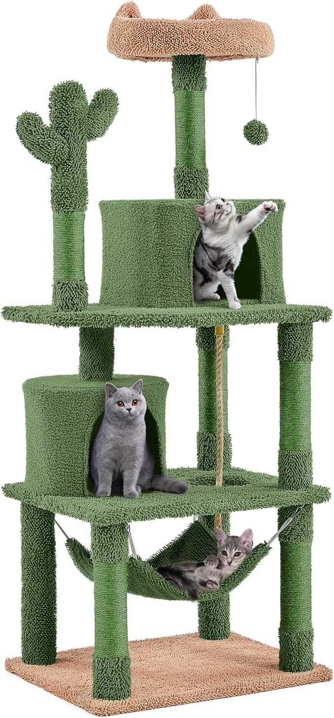 Yaheetech Cactus Cat Tree for Indoor Cats, 62in Cat Tower with Scratching Posts, Hammock & Dangling Ball, Multi-Level Condo Activity Center Furniture