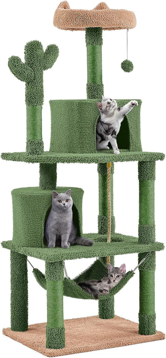 Yaheetech Cactus Cat Tree for Indoor Cats, 62in Cat Tower with Scratching Posts, Hammock & Dangling Ball, Multi-Level Condo Activity Center Furniture