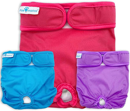 Paw Inspired Reusable Washable Dog Diapers (Pack of 3) in Assorted Colors with White Lining and Dog Diaper Suspenders in Black Combo Pack (Medium)