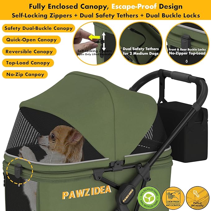PAWZIDEA Large Dog Stroller up to 80 lbs, No-Zip 180° Reversible Canopy Lockable, Lightweight Pet Stroller for 2 Medium Dogs, One-Hand Foldable, Low-Entry, All-Terrain Jogger Wheels, Storage Organizer