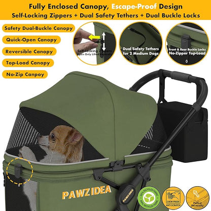 PAWZIDEA Large Dog Stroller up to 80 lbs, No-Zip 180° Reversible Canopy Lockable, Lightweight Pet Stroller for 2 Medium Dogs, One-Hand Foldable, Low-Entry, All-Terrain Jogger Wheels, Storage Organizer