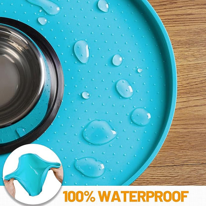 Hubulk 100% Waterproof Silicone Pet Feeding Mat with Raised Edge for Food and Water, Dog Bowl Mats, Cat Bowls Placemat with High Lip Protects Floor for Cats and Dogs(Teal, 19" L x 12" W)