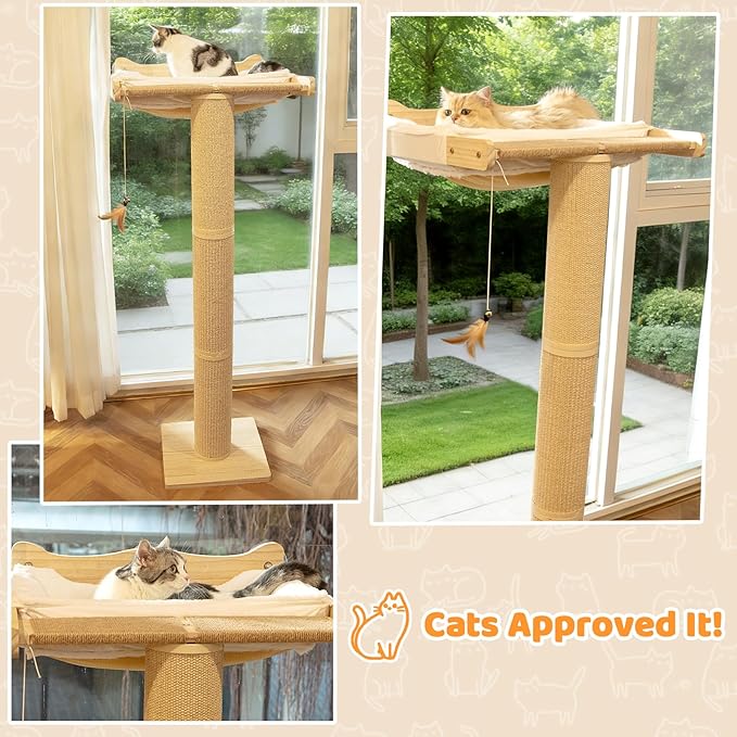 54.3" Cat Window Perch with 3 Adjustable Roman Column Sisal Posts, White Rabbit Fleece Cushions, Drill-Free Suction Cups, Multi-Level Climbing Perch, 60 lbs Capacity