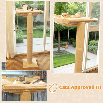 54.3" Cat Window Perch with 3 Adjustable Roman Column Sisal Posts, White Rabbit Fleece Cushions, Drill-Free Suction Cups, Multi-Level Climbing Perch, 60 lbs Capacity