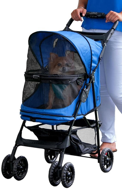 Pet Gear No-Zip Happy Trails Pet Stroller for Cats/Dogs, Zipperless Entry, Easy Fold with Removable Liner, Storage Basket + Cup Holder, NEW Sapphire