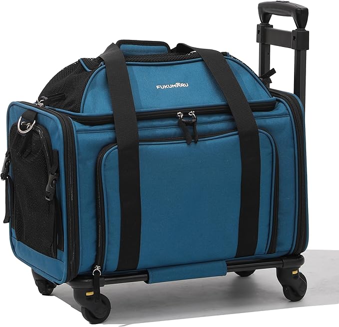 FUKUMARU Cat Carrier with Wheels, 18x11x11 Expandable Soft Cat Travel Carrier, Airline Approved Dog Carrier, Sturdy Rolling Cat Carrier with Anti-Scratch Mesh, Escape-Proof Pet Carrier for Cat, Blue