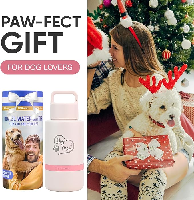 Dog Mom Gift, Insulated Dog Water Bottle with Travel Bowl, Women Christmas, Birthday for DogLover, Portable Water Bottle Dispenser, Accessories for Car, Camping, Outdoor, Detachable (DogMom-PalePink)