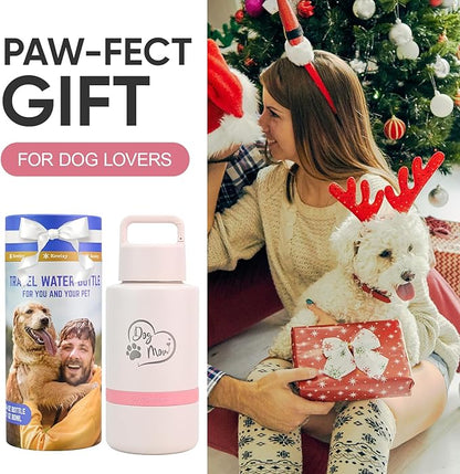 Dog Mom Gift, Insulated Dog Water Bottle with Travel Bowl, Women Christmas, Birthday for DogLover, Portable Water Bottle Dispenser, Accessories for Car, Camping, Outdoor, Detachable (DogMom-PalePink)