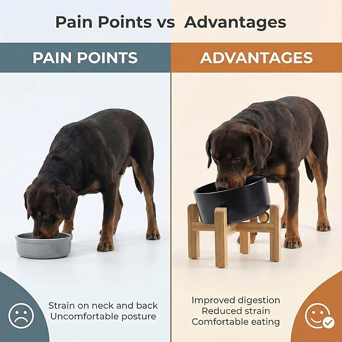 hjn Elevated Ceramic Dog Bowl 15°Slanted Raised Dog Bowl with Bamboo Stand for Small Medium Dogs and Cats, Pet Feeder -7.6-Cup (1800ml)-Black